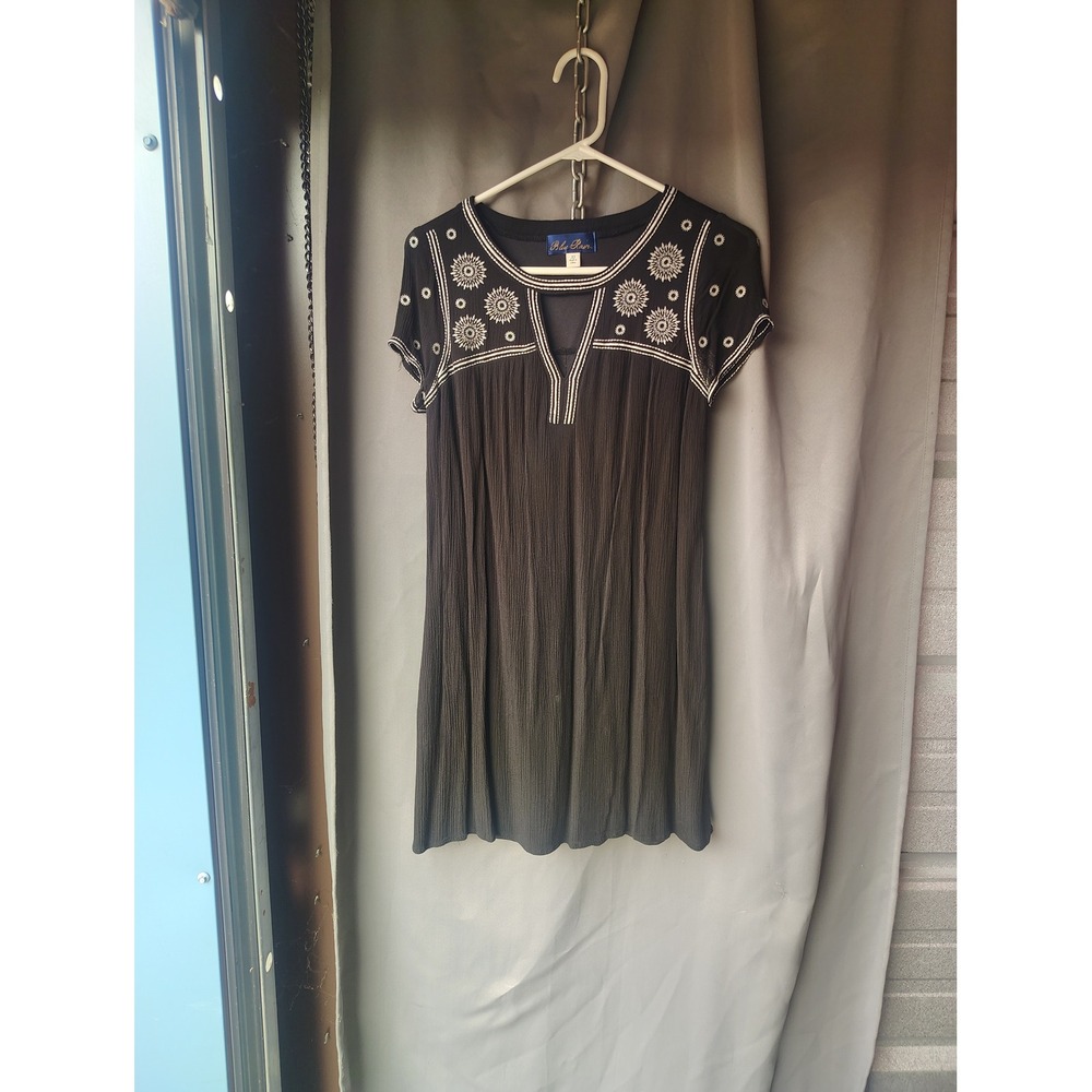 Blue Rain Black Crinkle‎ Gauze Embroidered Boho Mini Dress XS Short Sleeve